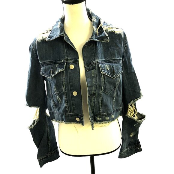 Acne Denim Jacket Womens S Ripped Destroyed Distressed Blue Jean Jacket Cropped - Picture 1 of 12